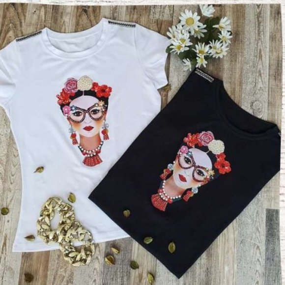 FRIDA Sublimated w/Rhinestone L, Bling Tee, Exclusive. Handmade. WHITE - Picture 1 of 7